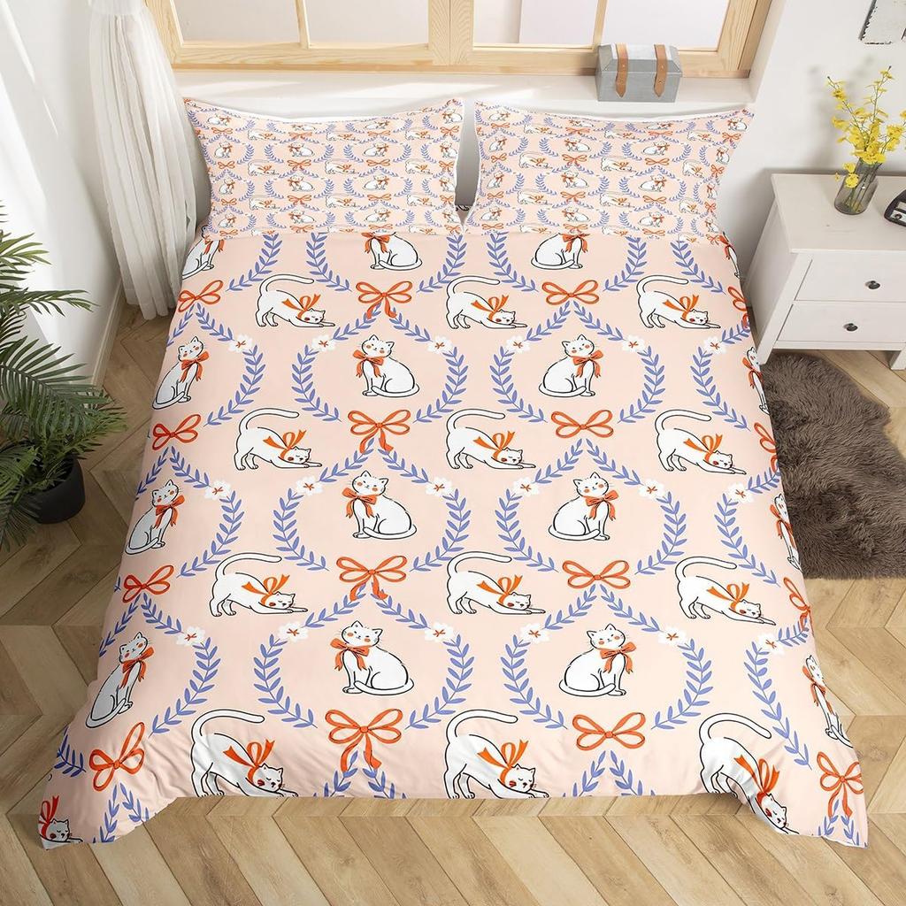 Comforter Geometric Plaid Cute Bow Queen King Size For Adults And Teens Cartoon Animal Footprint Bow Bedding Set 3 Piece Set