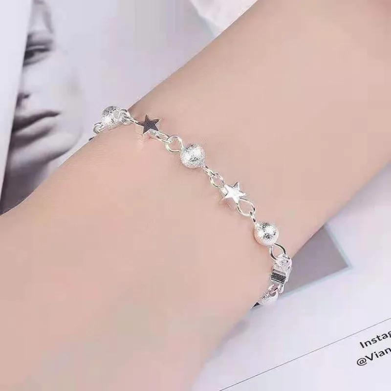 925 Silver Stars Bracelets For Women Fashion Korean Designer Frosted Bead Bracelet Beautiful Party Wedding Jewelry Gift
