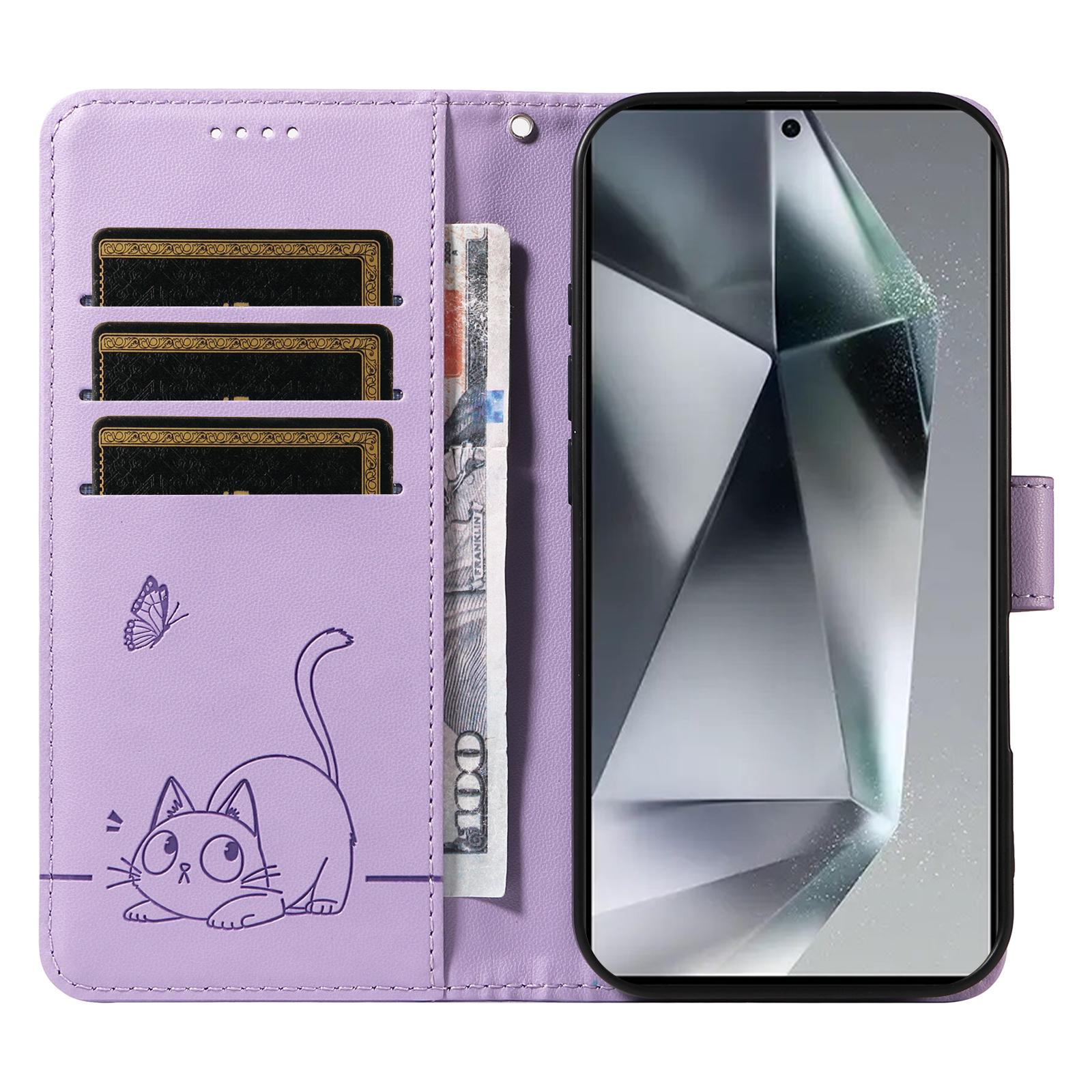 

Шкіряний чохол-гаманець із візерунком котячого кольору для Samsung Galaxy S25 Ultra із ремінцем на зап ястя Light Purple