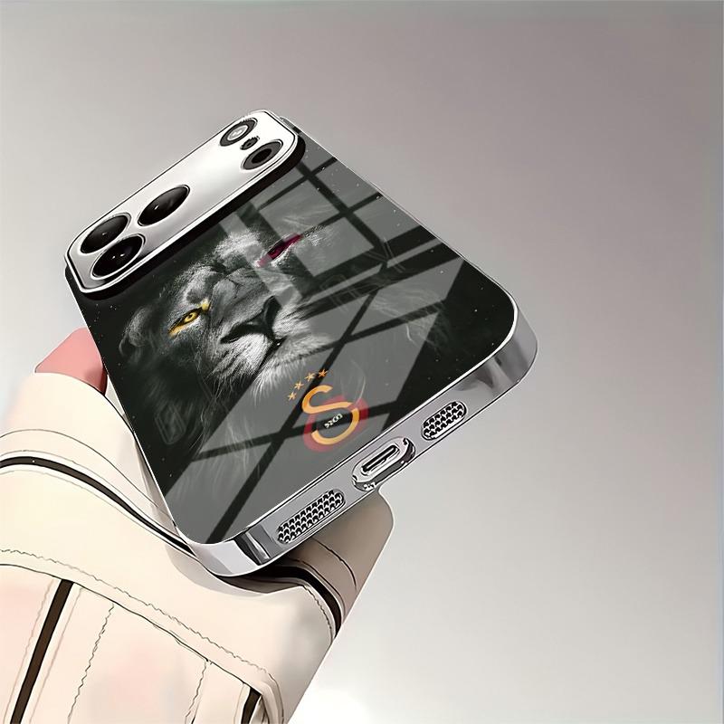 Cool Lion King Pattern Tempered Glass Phone Case For iPhone 17 16 15 14 13 12 11 Pro Max 16 Plus 17Air Electroplate Silver Cover