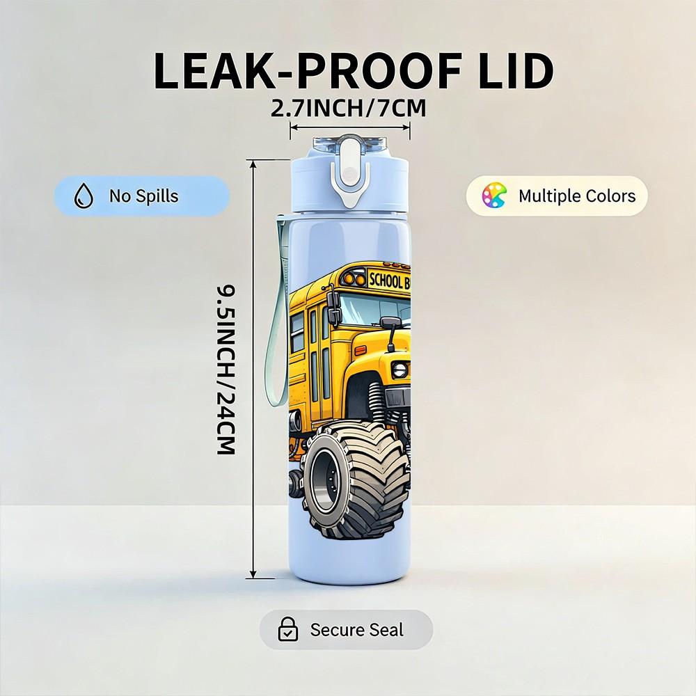1PC Yellow Monster Truck School Bus Vehicle 750ml Color Plastic Sports Water Bottle Leakproof Flip Straw Lid Suitable for Sports Office Home Use