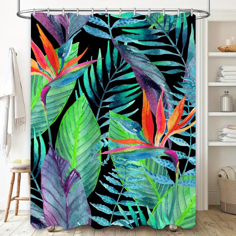 Watercolor Tropical Leaves Bath Shower Curtain 3D Printed Custom Home Decor Artistic Flowers Leaf Print Fabric Waterproof Blacko