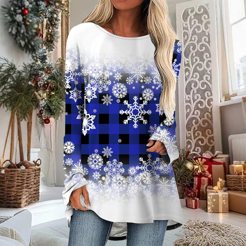 Kobiety Plus Size Wiosna Boże Narodzenie Bałwan Nadrukowany Wygodny Długi Rękaw Okrągły Dekolt T-shirt Casualowy Luźny Średniej Długości Top