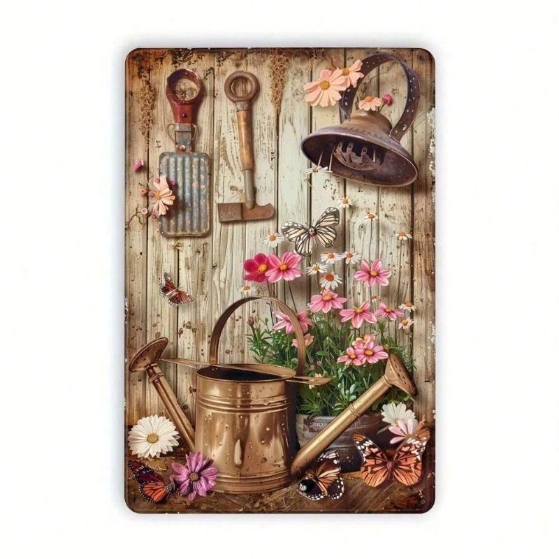 Retro Iron Rose Watering Can Metal Poster, Wall Art for Home Garden Garage