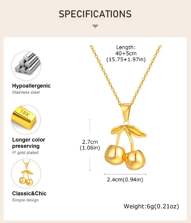 Gold Plated Cherry Pendant Necklace for Women, Cute Fruits Pendant Necklace, Stainless Steel Nickel-free