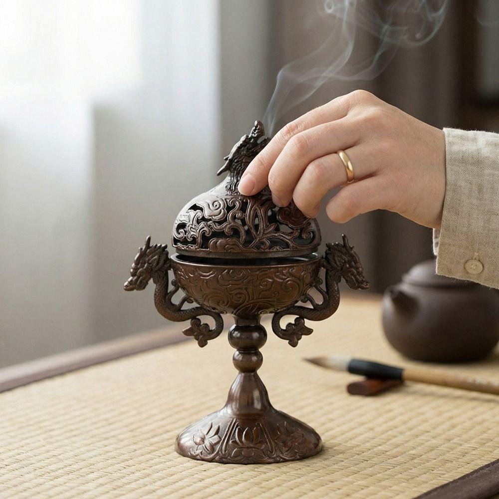 Vintage Alloy Incense Burner Hollow Out High Foot Metal Incense Holder Handmade Double Dragon Aromatherapy Stove Tea Ceremony