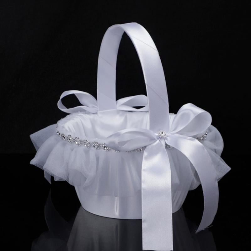 Romantic Petals Storage Satin Flower Girl Basket Bowknots Decor White for Wedding Ceremony Party Decorations 5 Style