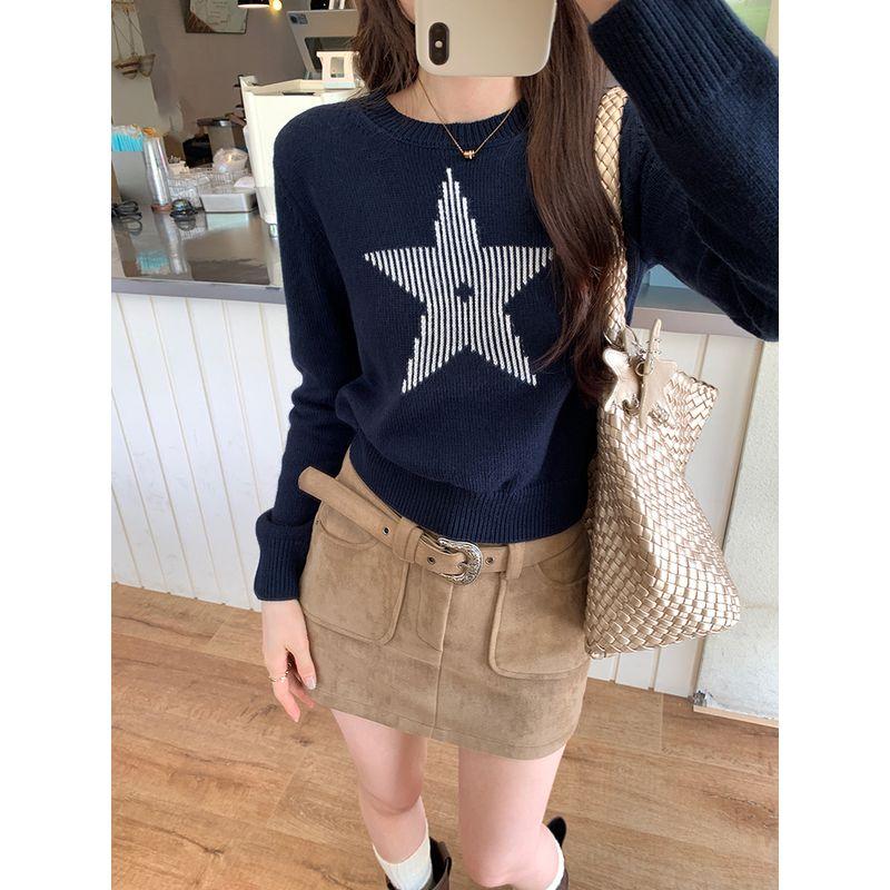 Kumikumi Sweet Style XINGX Print Round Neck Temperament Long Sleeve Knitwear Women's Clothing Autumn Loose All-Matching Top