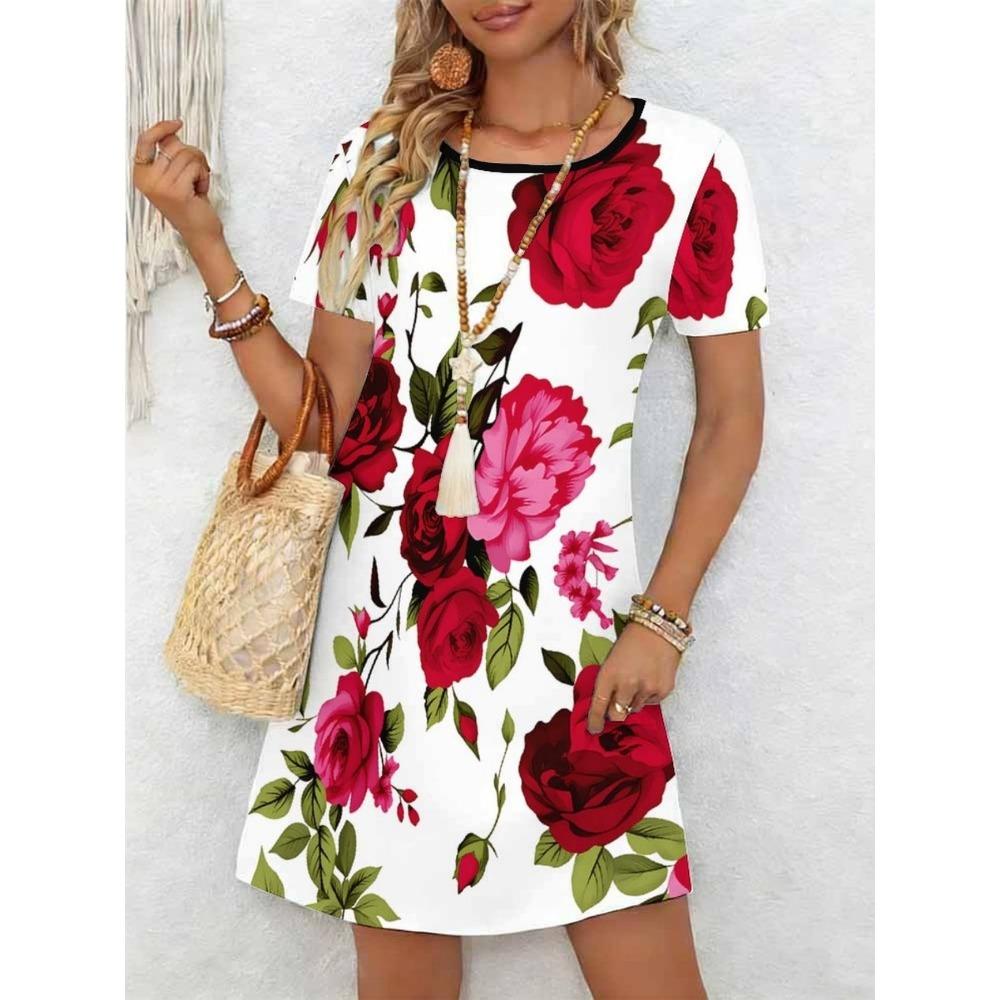 Ladies' Summer Short Sleeve Round Neck Casual Dress 3D Red Rose Pattern Print Comfortable Elegant Women's Clothing