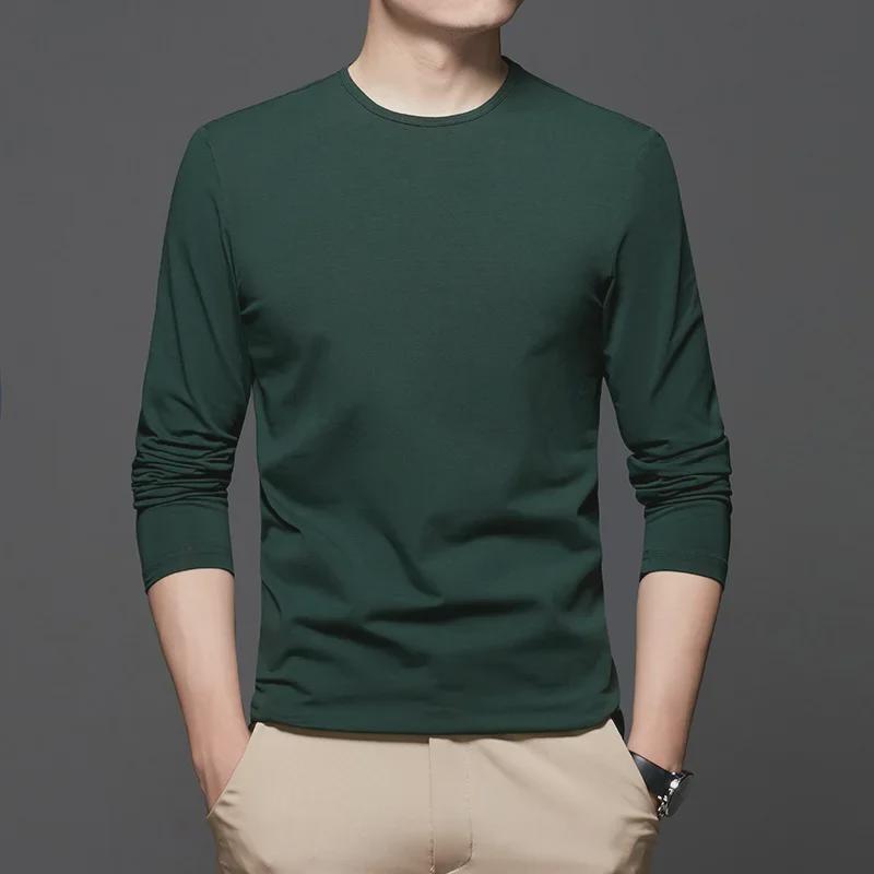 "2024 Men's White Cotton Long-Sleeve Crew Neck T-Shirt - Casual Spring & Autumn Top"