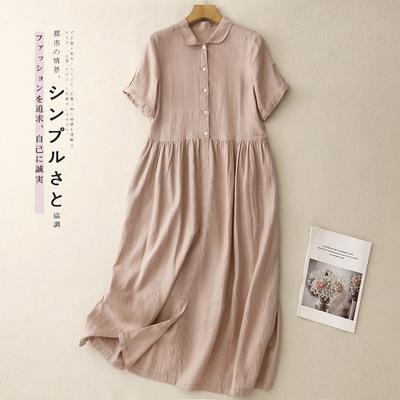 2025 Summer New Cotton and Linen Short-sleeved Dress Lapel Shirt Skirt Loose Pendulum Medium and Long Dress