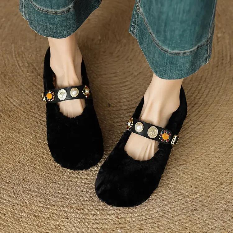 Fashion New Rivet Pearl Sheep Fur One piece Retro Suede Single Shoes Girls Cute Round Head Mary Jane Suede Warm Women's Shoes Size 40
