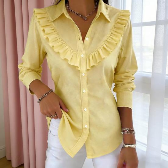 Women Shirt Lapel Long Sleeve Ruffle Decor Shirt Tops Pure Color Loose Fit Buttons Placket Casual Shirt Work Party Vacation Wear