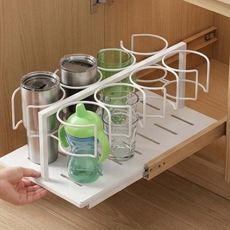 Vertical Cup Rack for Cabinet, Pull Out Metal Mug and Lid Holder with Deep Shelf Access and Large Cup Storage Home