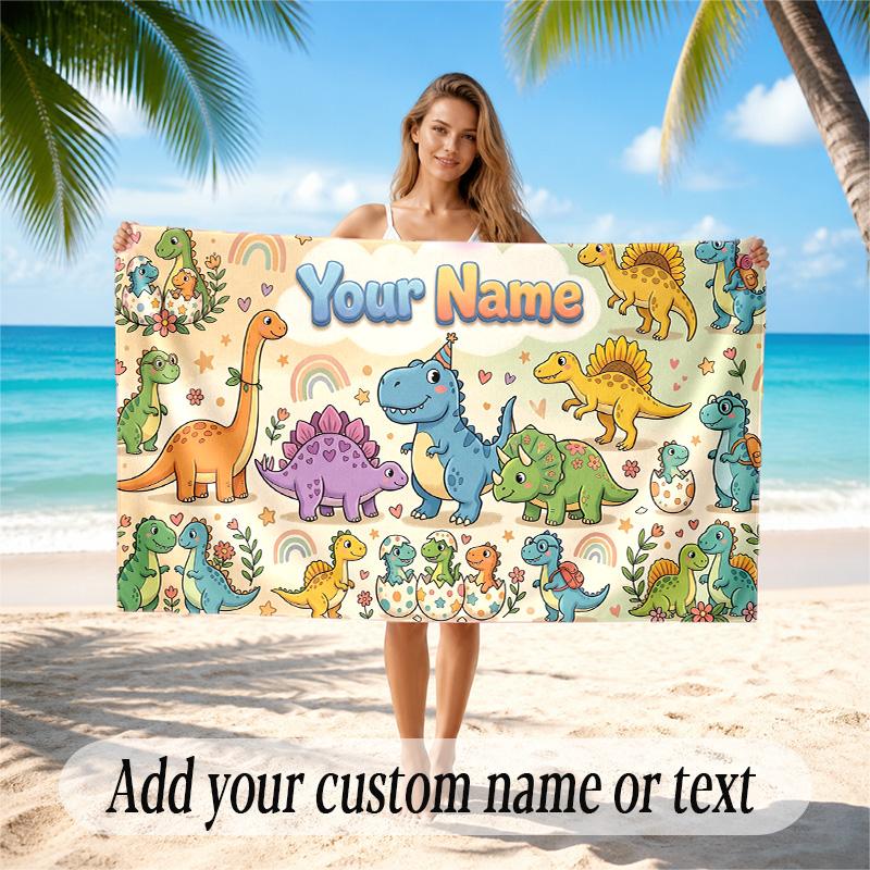 Dinosaur Theme Quick Dry Beach Towel Custom Name Text Print Large Sand Resistant Towel Beach Vacation