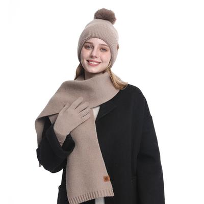 3 szt./zestaw Damski zimowy zestaw: czapka, szalik, rękawiczki Gruba dzianinowa czapka z nausznikami, rękawiczki Elastyczne, wiatroszczelne Zimowe, do użytku zewnętrznego, na rower, czapka typu beanie, na szyję