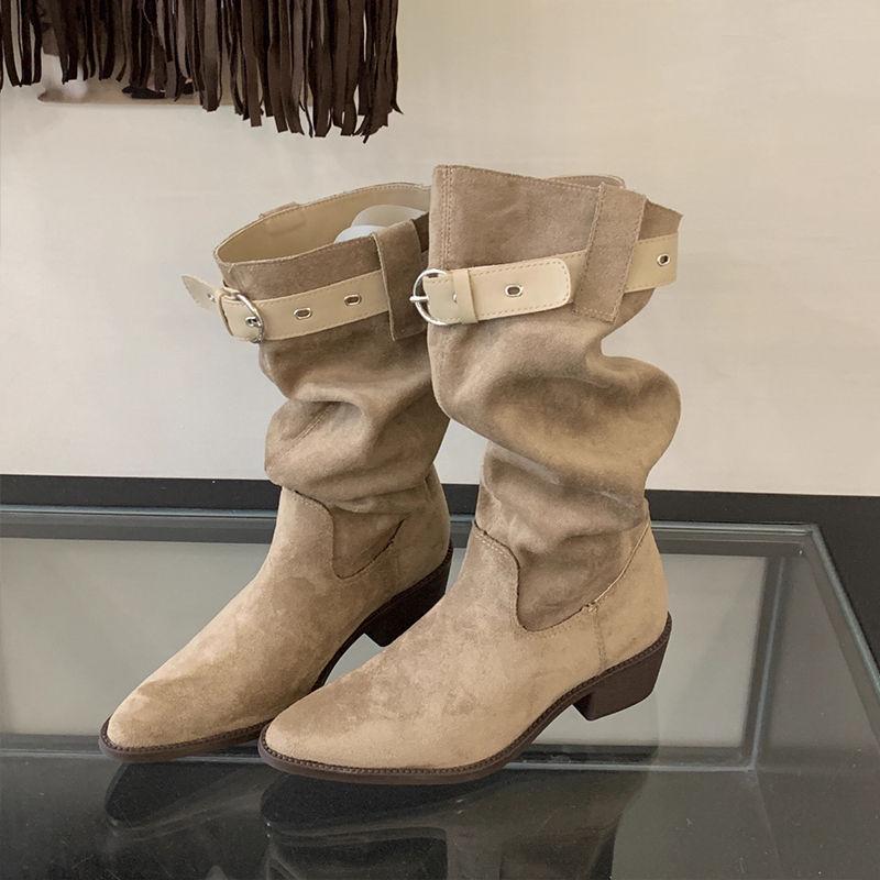Thick Heel Pointed Head High Pleated Tube Stacking Boots Women's New Autumn and Winter Western Cowboy Medium Tube Knight Boots