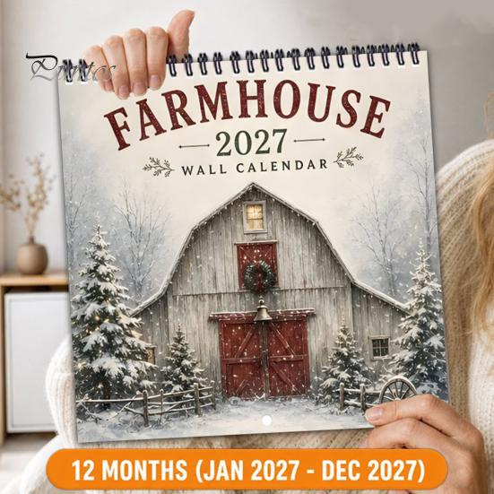 Large Grid Schedule Organizer 2027 Farmhouse Wall Calendar, Vintage Thick Paper Monthly Planner Gift for Cow Lovers 12 Month Hanging Home Organization