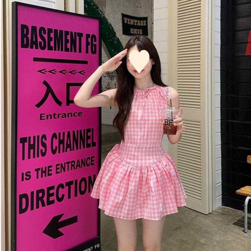 Design sense niche plaid vest sleeveless dress summer new cute girl waist strap a word short skirt