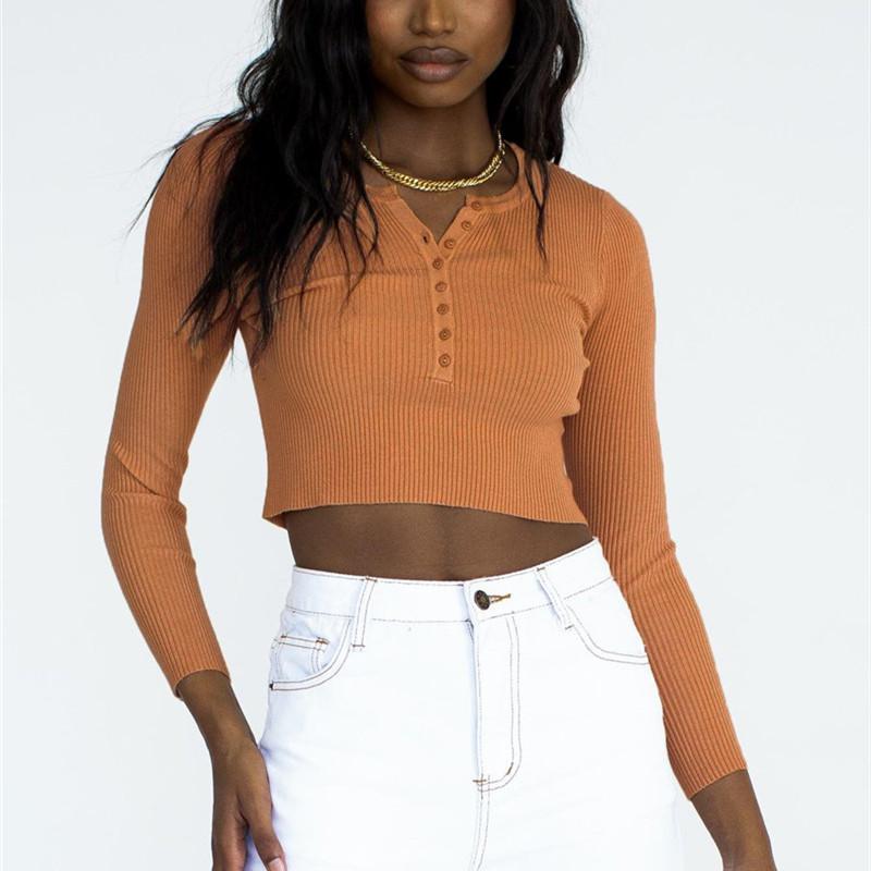 Spring Autumn Women Knit Skinny Casual Crop Tops Femme Vintage Front Buttons Slim Fit Pullover Chic T shirt