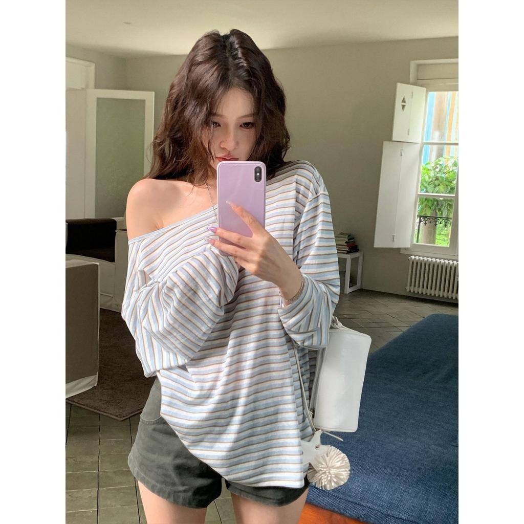 Back hollow striped sunscreen long-sleeved T-shirt women's summer lazy relaxation with loose thin top