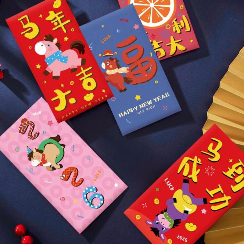 6Pcs/Set Cute Cartoon 2026 Chinese  Year Money Envelope Lucky Red Pockets Horse Year Red Envelope Spring Festival Envelope