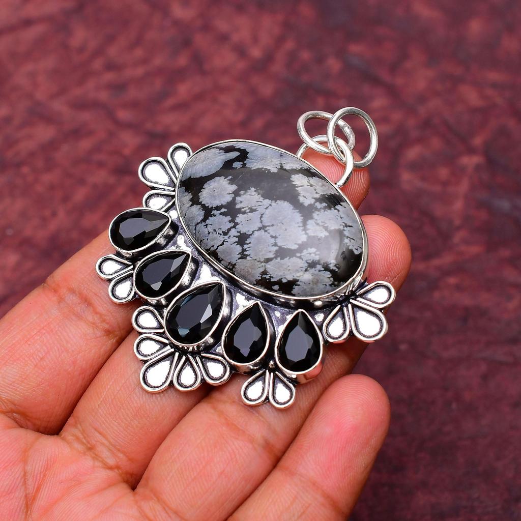 Awesome Snowflake Obsidian Gemstone Pendant: 925 Sterling Silver Handmade Pendant Necklace Jewelry