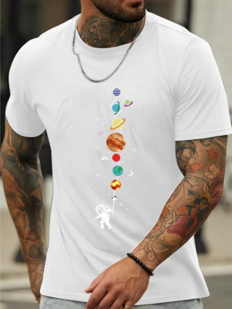 Summer Outdoor Men's Astronaut and Planet Print Creative Casual 100% Pure Cotton Short Sleeved Loose Round Neck T-shirt