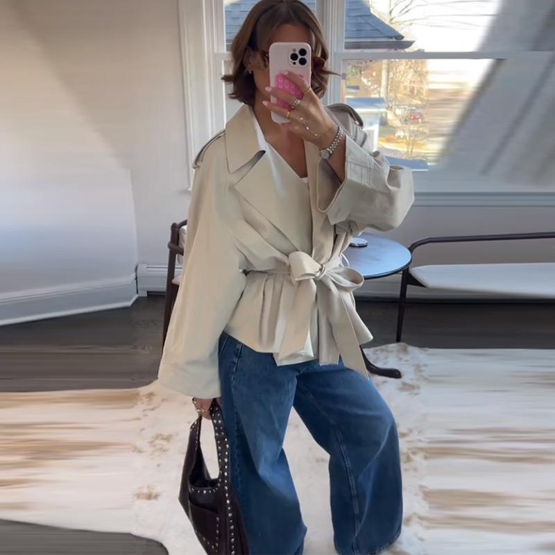 Lapel Tied Windbreaker Jacket Women's Commute Long Sleeve A-line Style Elegant Jacket Fashion Streetwear 2025 Autumn