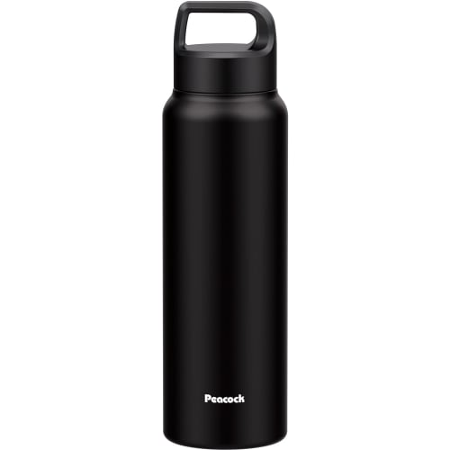 Peacock AKR-80 BD 800ml Insulated Water Bottle with Handle, 0.8L, Compatible with Sports Drinks, Matte Black, Matte Clear Black