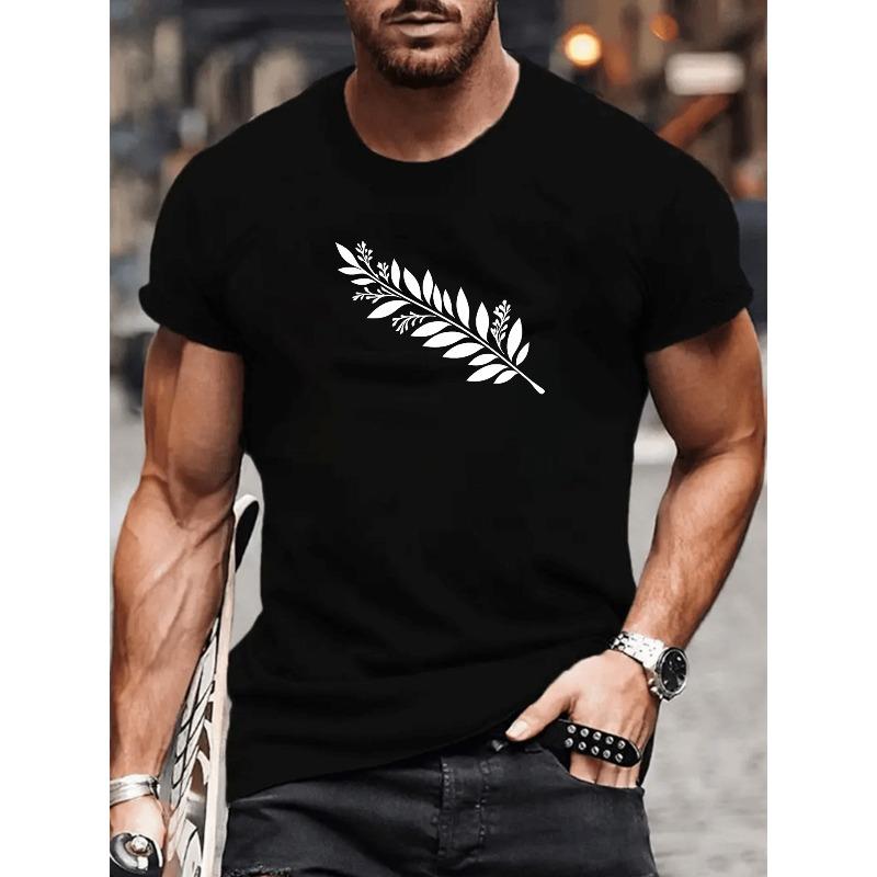 Европейские размеры | Принт «Ветвь и лист растения» | Универсальный повседневный топ с коротким рукавом, свободный крой, круглый вырез, ткань средней эластичности S чёрный