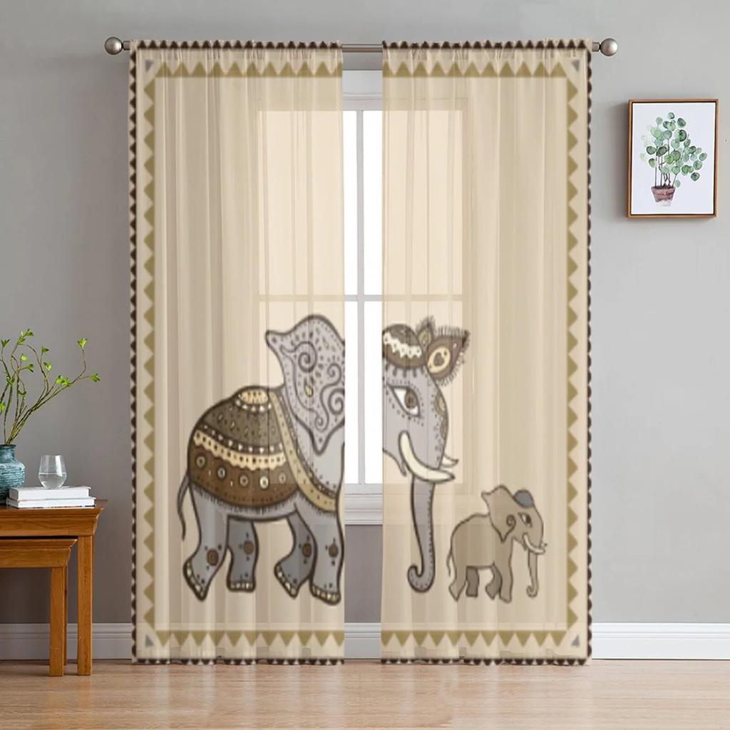 Elephant Hand Drawn Indian Style Sheer Curtains For Bedroom Living Room Tulle Curtains For Kitchen Window Voile Curtains