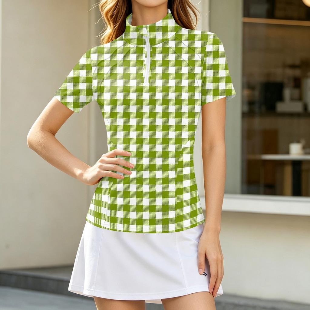 Women's Casual Plaid Short Sleeve Shirt with Collar, Zipper Front and Side Pockets