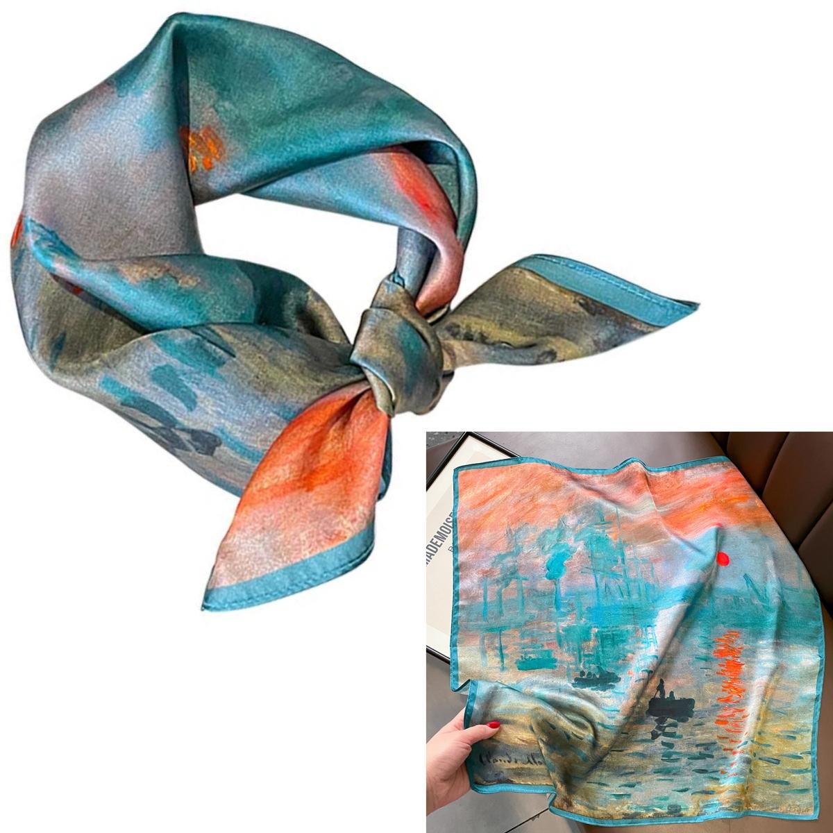 

Women 100% Mulberry Real Silk Scarf 53cm Luxury Kerchief Spring Autumn Neckerchief Brand Oil Painting Chinese & Painting Style