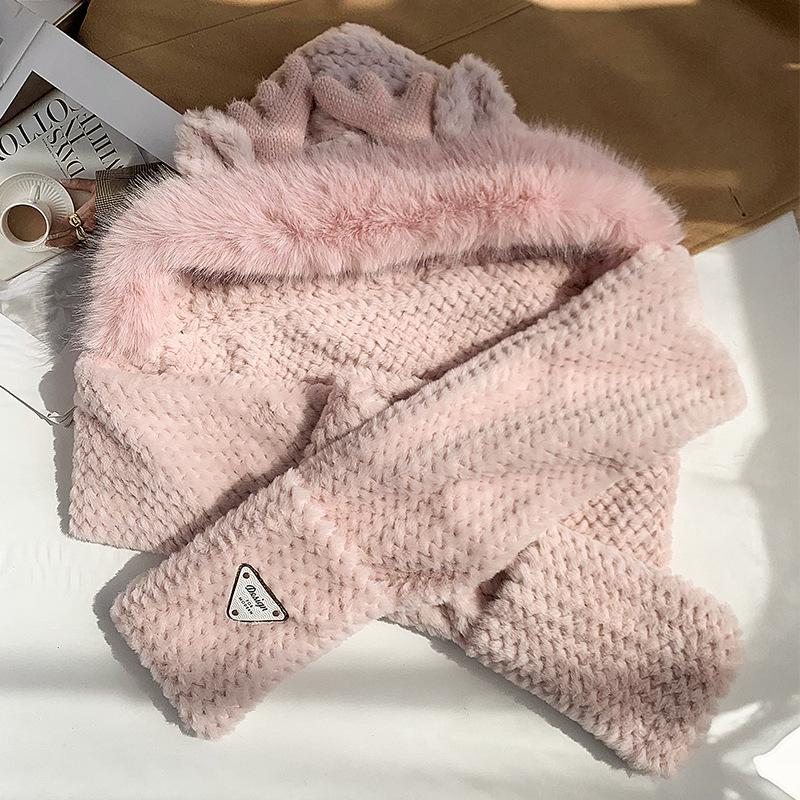 Hat Women's New Winter Cute Scarf Gloves Plush Hat Integrated Thickened Warm Elk Hat Three-piece Set