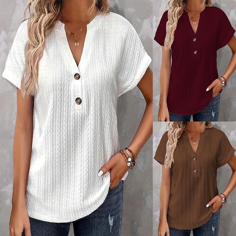 Spring Summer Women's Fashion Casual Solid Color Button V-neck T-Shirts Women’s