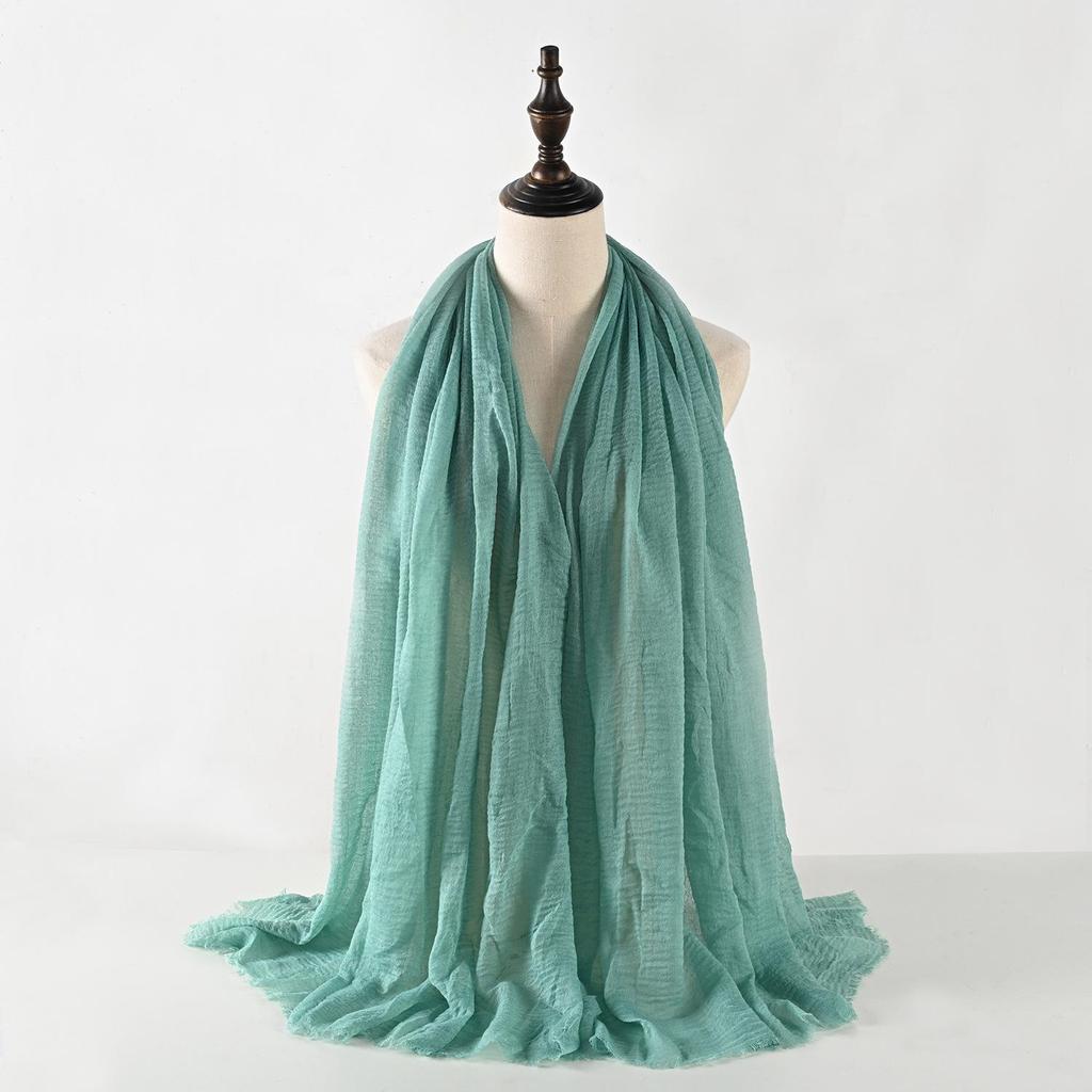 Crinkled Cotton-Linen Blend Scarf with Fringe - Solid Color, 90x180cm, Women's Headscarf