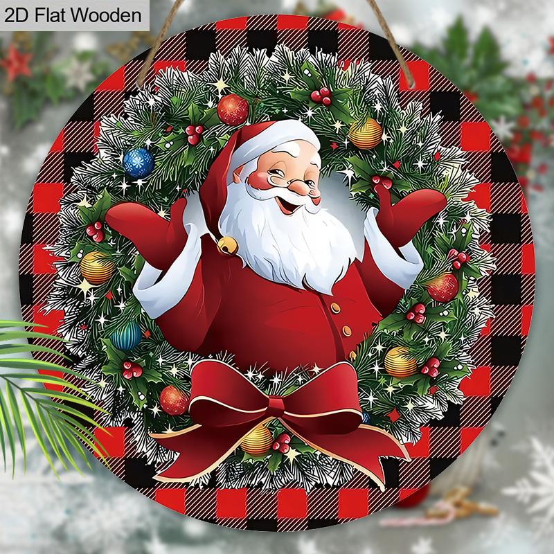Christmas Wooden Sign with Kindly Santa Claus Pattern - Buffalo Plaid Navidad Sign for Front Door, Wall Hanging Decor - Ideal Christmas Gift