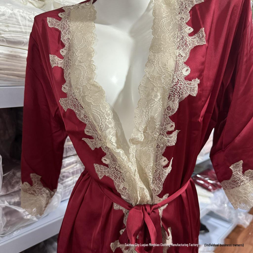 7019 Women's Sexy Lace Silk Nightgown & Bathrobe Set