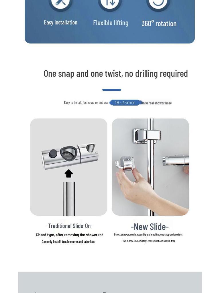 Přeshraniční nastavitelný sprchový držák bez vrtání s odnímatelnou tyčí a univerzální základnou pro hlavici