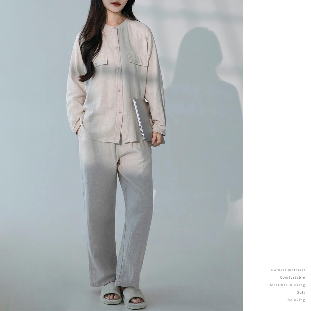 Yes Family Double Gauze Pajama Long Front Size Beige Women's Set, 100% Cotton, Sleeves, Opening, Loungewear, L,