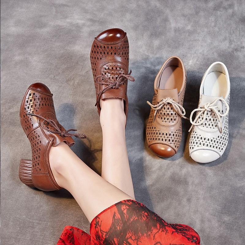 Johnature Retro Women's Shoes Genuine Leather Hollow-out Breathable Soft Sole Thick Heel Sandals