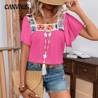 Kadın Yaz Yeni Stil Kare Yaka Tığ İşi Dantel Kısa Kollu Bluz