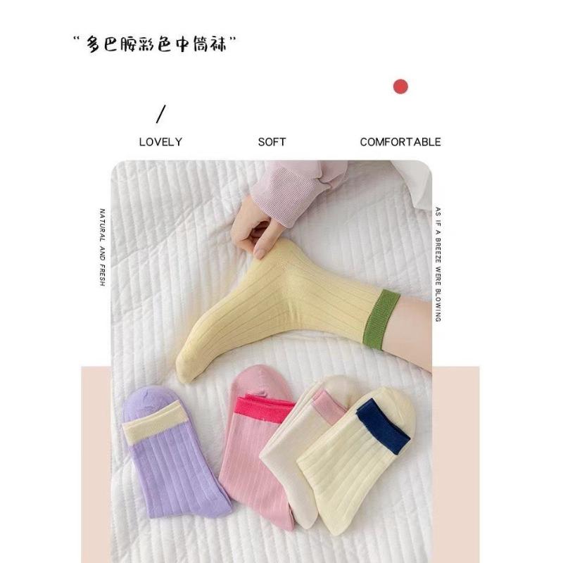 5 Pairs of Candy-coloured Cream Vertical Striped Socks Women Spring and Summer Thin Fresh Pure Colour Simple Colour Blocking Match Medium Socks