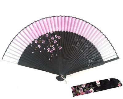 JuneMille Set of Silk Fan and Fan Cherry Blossom Floral and Cherry Blossom Snowstorm Cherry Pink 2-Piece Bag, Pattern, Bamboo, JM-05 (Weeping Blossom