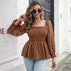 QICED Women's Fashion Casual Autumn Winter Solid Color Print Long Sleeve Square Collar Blouses & Shirts