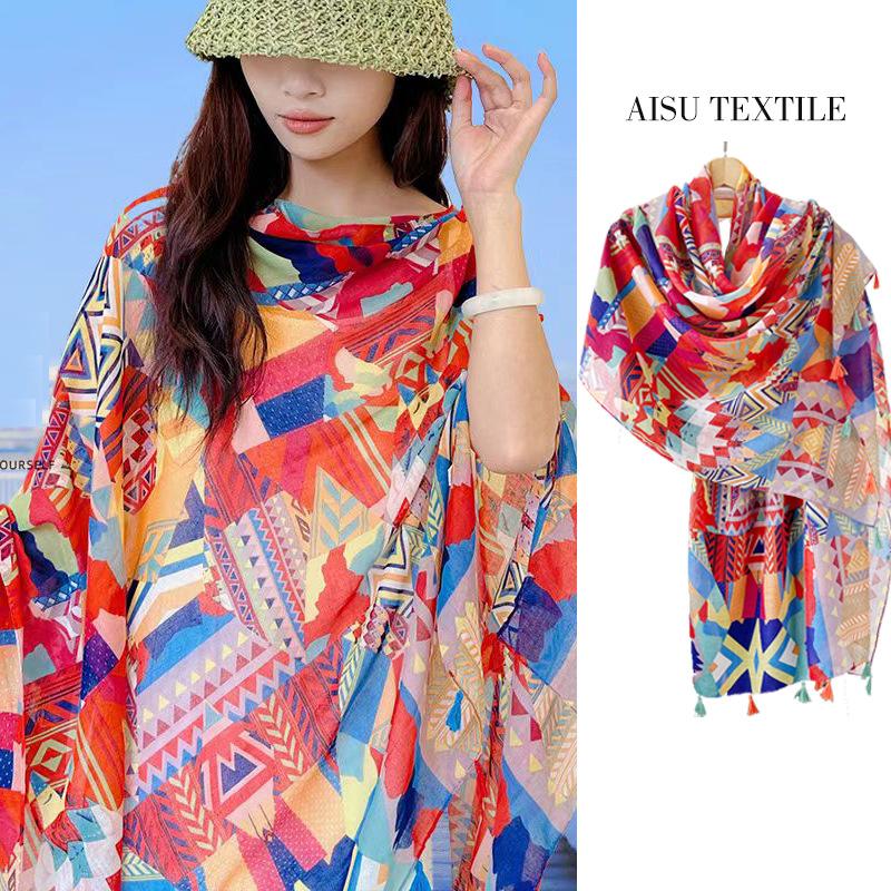 Vintage splicing bohemian fringed shawl ethnic style buckle extended scarf thin summer sunscreen beach towel