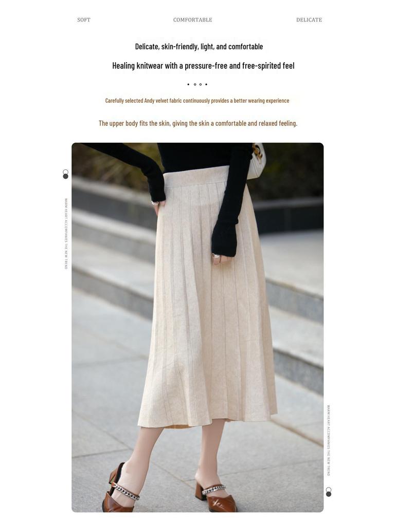 Women's Gray High-Waist Pleated A-line Skirt for Autumn/Winter - Mid-Length, Slimming, Petite Fit