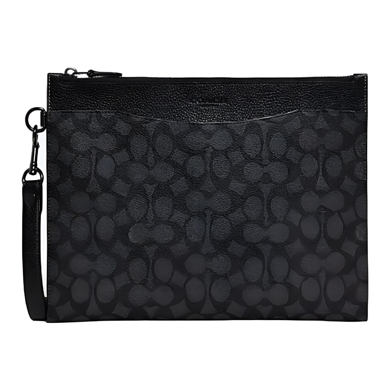 Coach Signature Zip Pouch Black Coated Leather Wristlet Clutch Fashion Casual Daily Business Handbag for Men CE483-CHR Basic Set (Bag+Dust Bag)