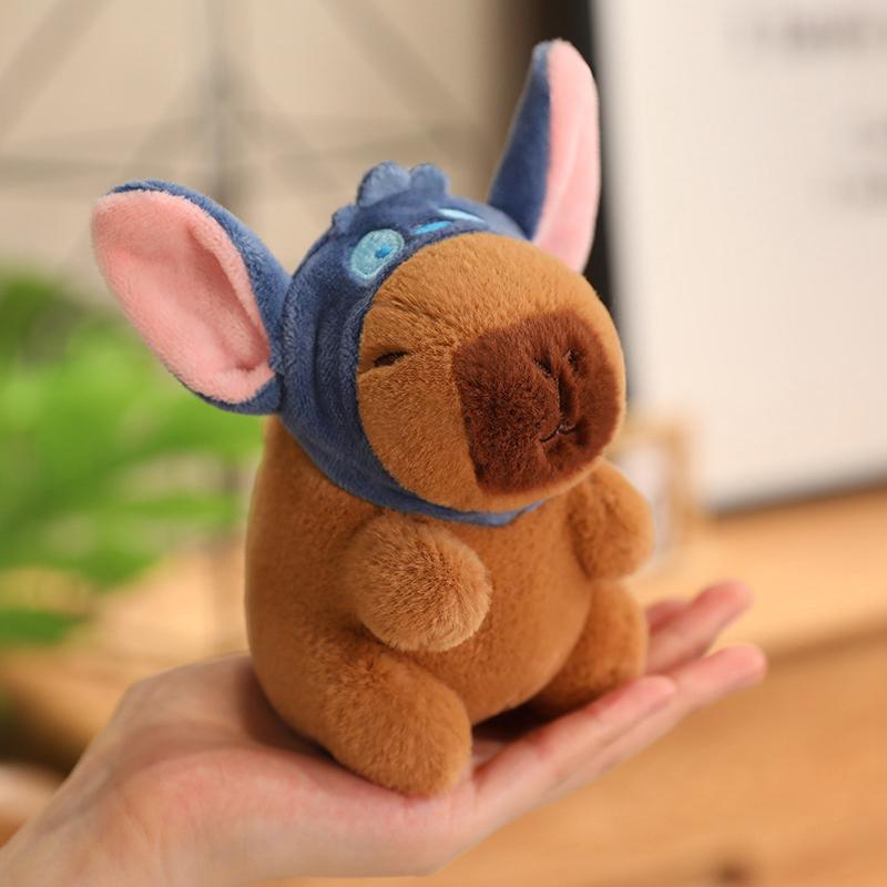 12cm Kawaii Anime Capybara Plushies With Pikachu Stitch Lucifer Cat Hat Doll Stuffed Animals Capybara Plushies Girl Toys
